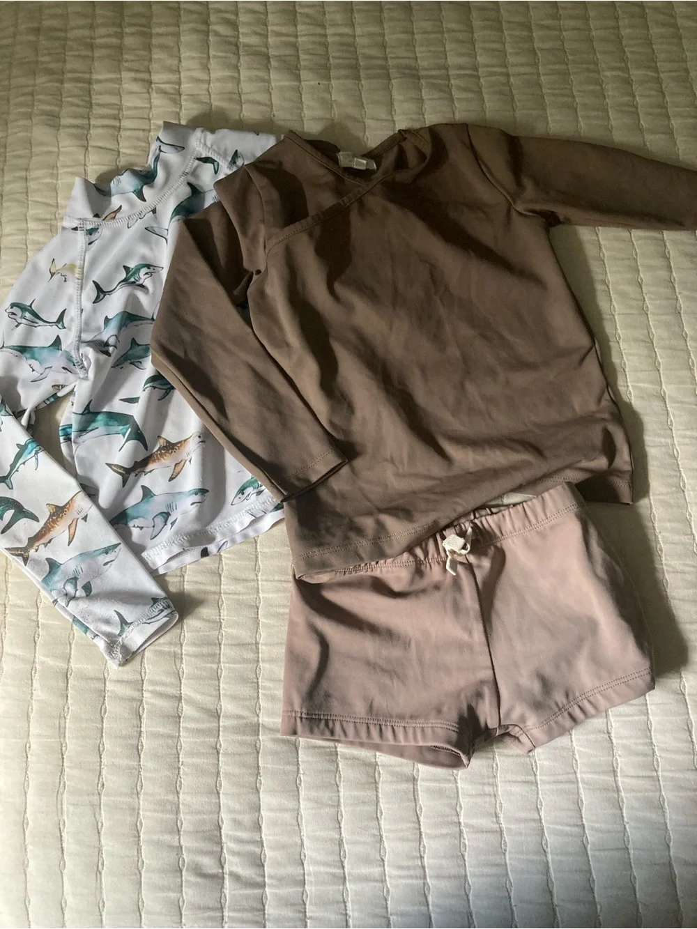 Kids Two-Piece Swim Pajama Set in Neutral Brown with Shark Print